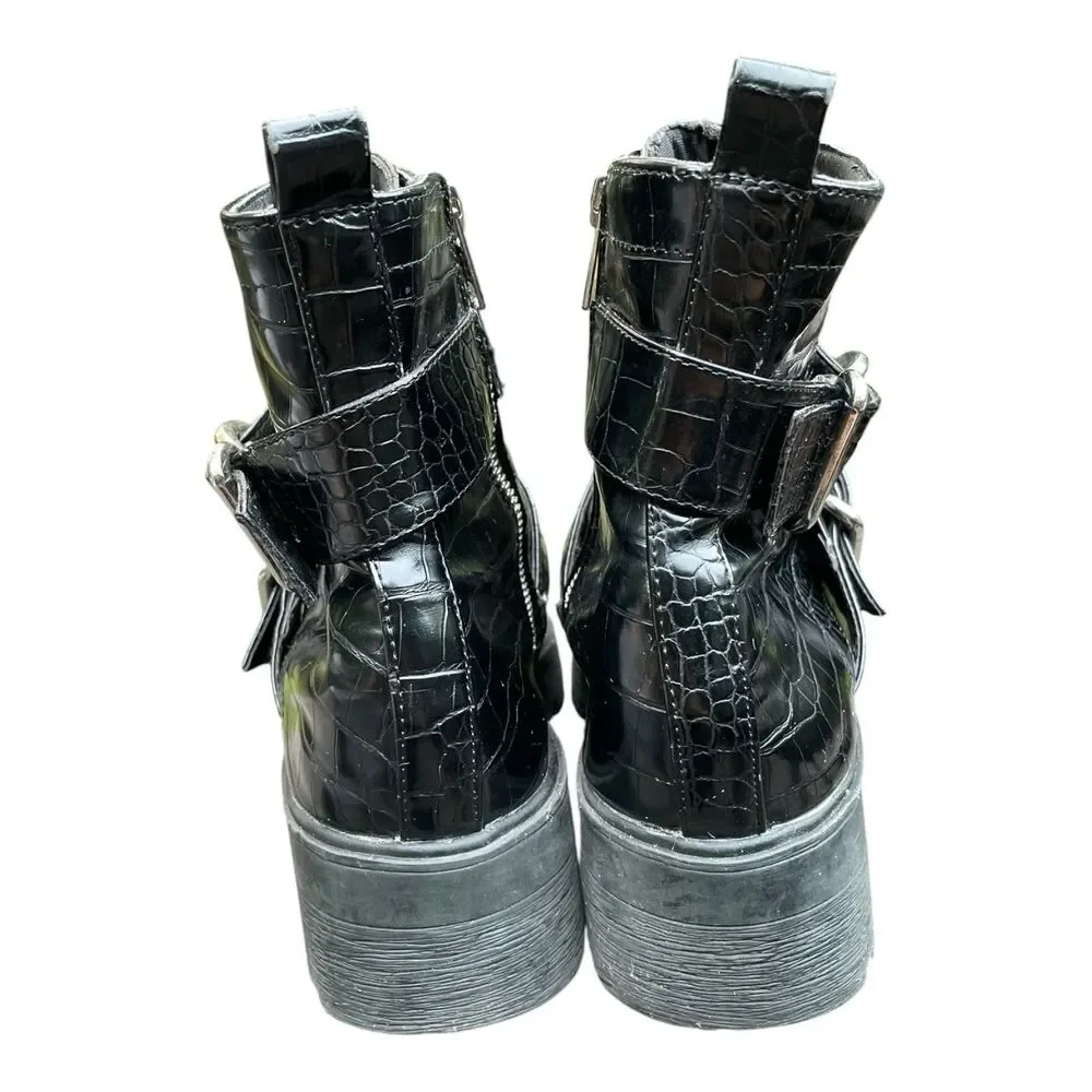 Chunky Moto Goth Punk Rock Aldo Black Patent Mock Croc Combat Boots Size 8.5